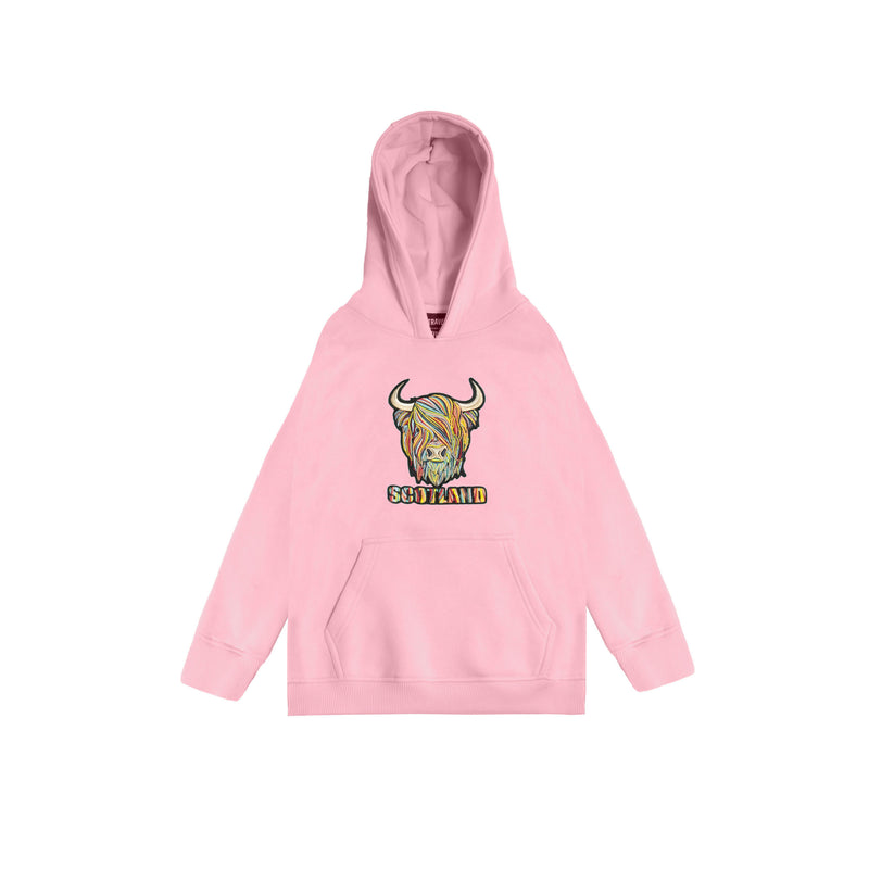 Kids Pastel Highland Cow Hooded Top Cherry Blossom