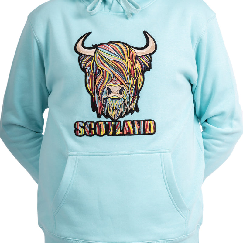 Adults Pastel Highland Cow Hooded Top Aqua