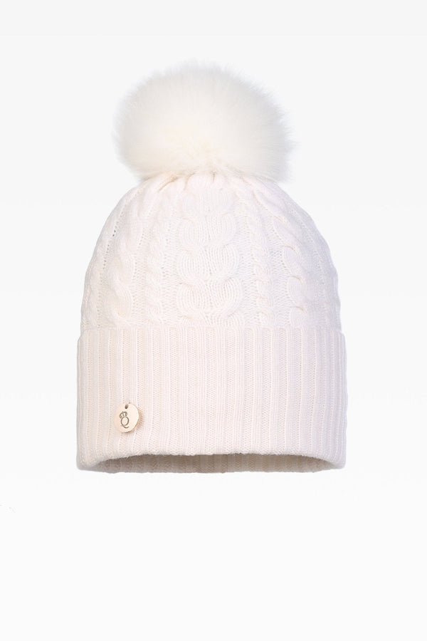 Eve Cable Pom Pom Hat - Real Fur - Dunedin Cashmere