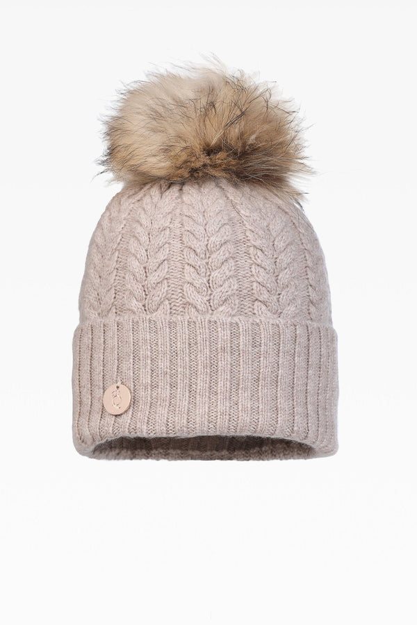 Georgie Cable Rib Pom Pom Hat - Real Fur - Dunedin Cashmere