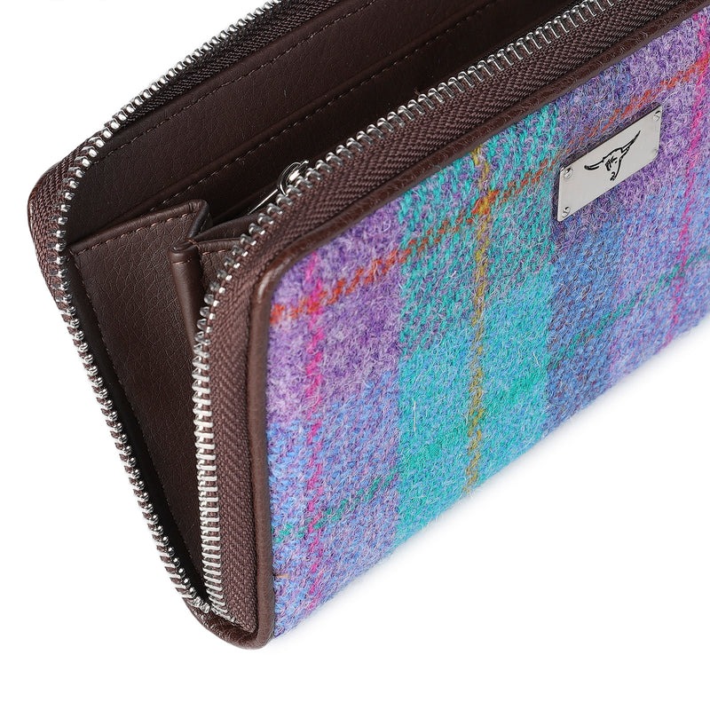 Harris Tweed Long Zip Purse-Staffa Green & Purple Check