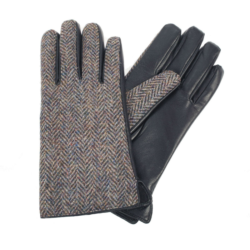 Gents Black Leather/Harris Tweed Gloves Heather Herringbone